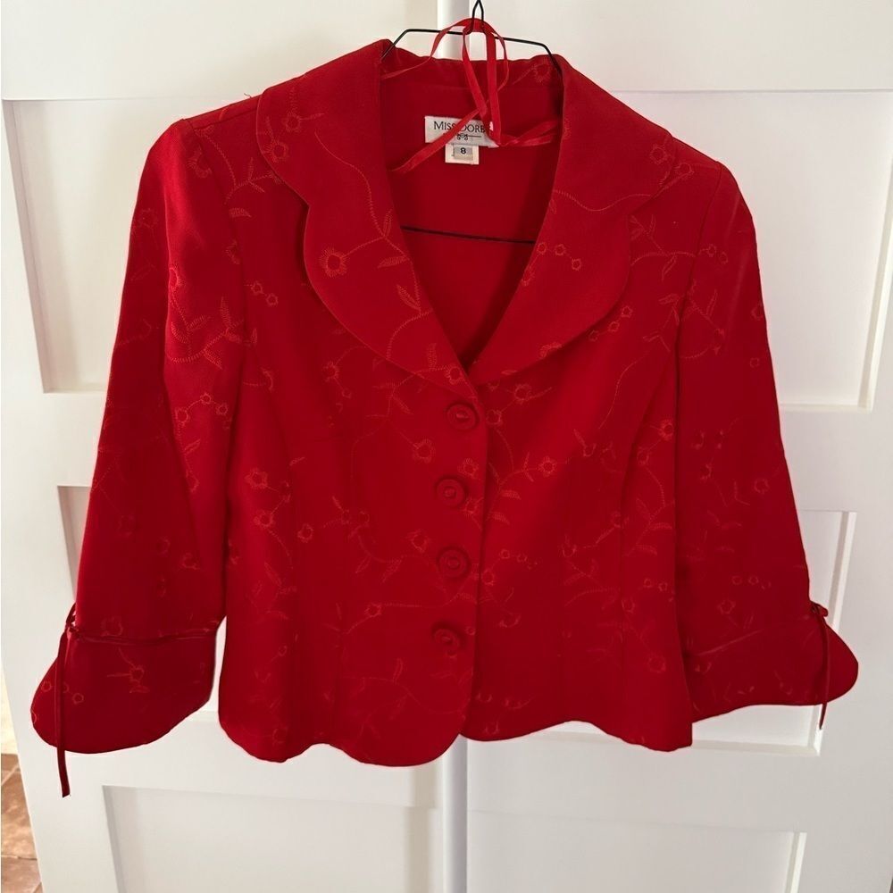 Vintage Miss Dorby Red Blazer with Floral Pattern and Bow Cuffs